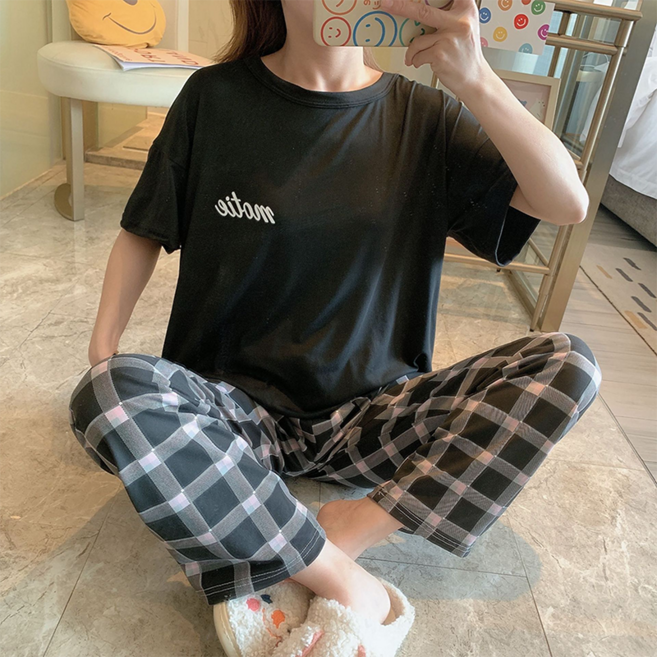 PEONIST 女款格紋長褲 + 短袖上衣睡衣套裝