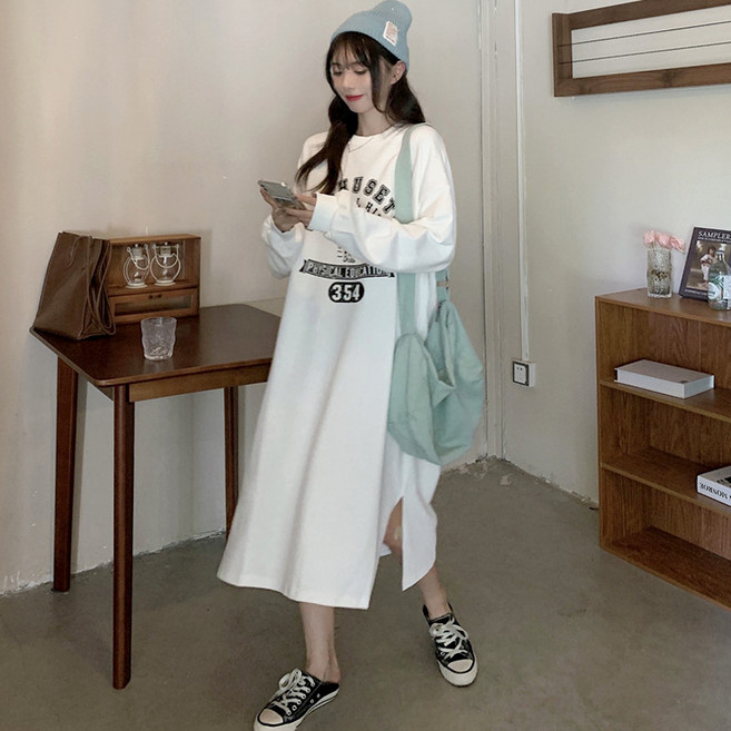 andstyle 女款 Nachu 圓領大學T長袖長版連身裙 264229, 白色