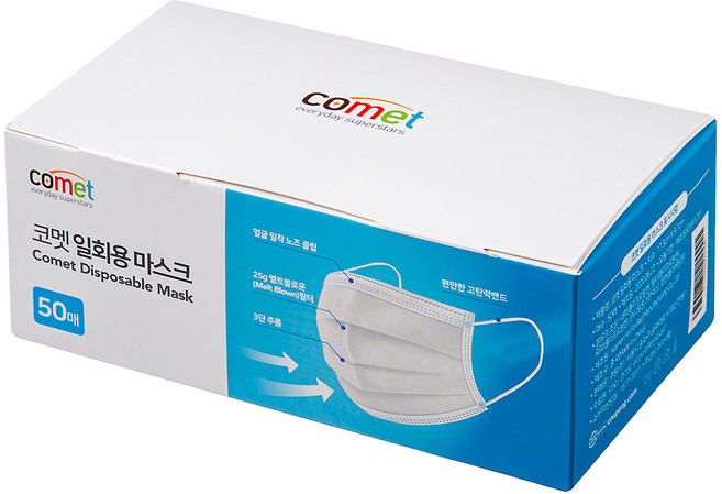 comet 平面口罩 成人用, 白色, 50片, 1盒
