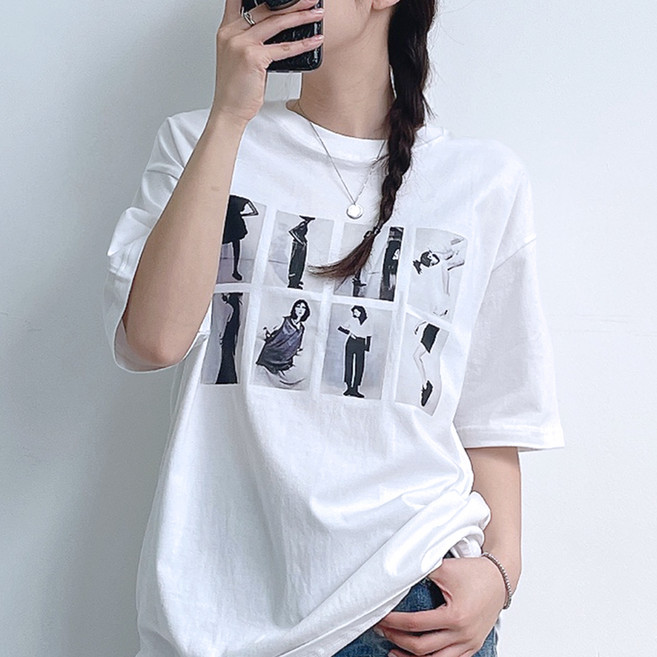 젤루나 여성용 순면 100% 프린트 레이어드 반팔 티셔츠 TH-49