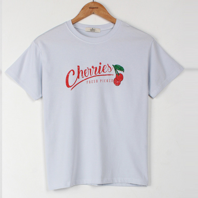 빼빼 여성용 라운드넥 체리 스판 반팔 티셔츠