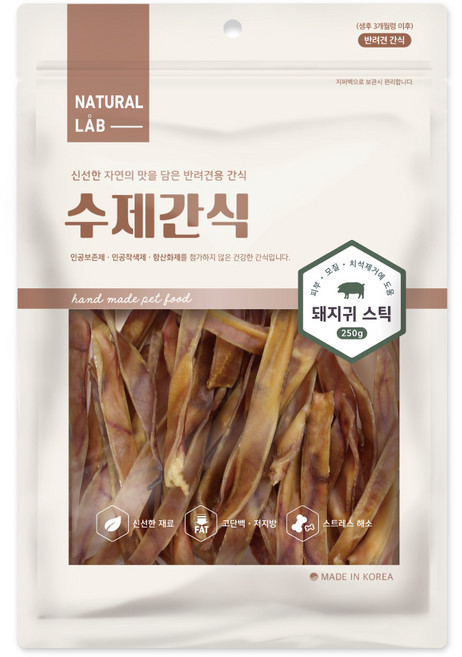 네츄럴랩 수제 건조간식, 돼지귀 스틱, 250g, 1개