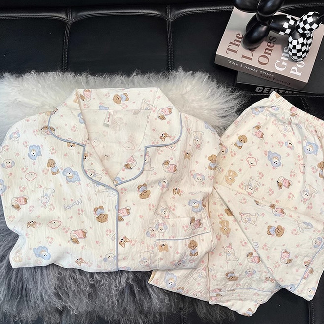 Elsso 女款透氣紗布棉輕薄可愛居家服長袖長褲套裝