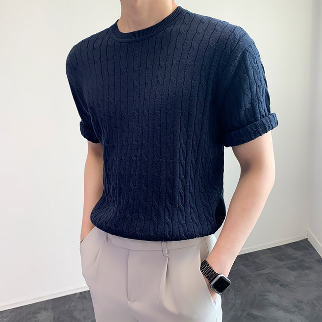 콘피아르 남성용 라운드 꽈배기 반팔 니트티 TC0429