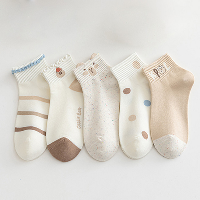 워더미 여성용 키치 베이지 러플 스니커즈 단목 양말 5켤레 세트 M1054