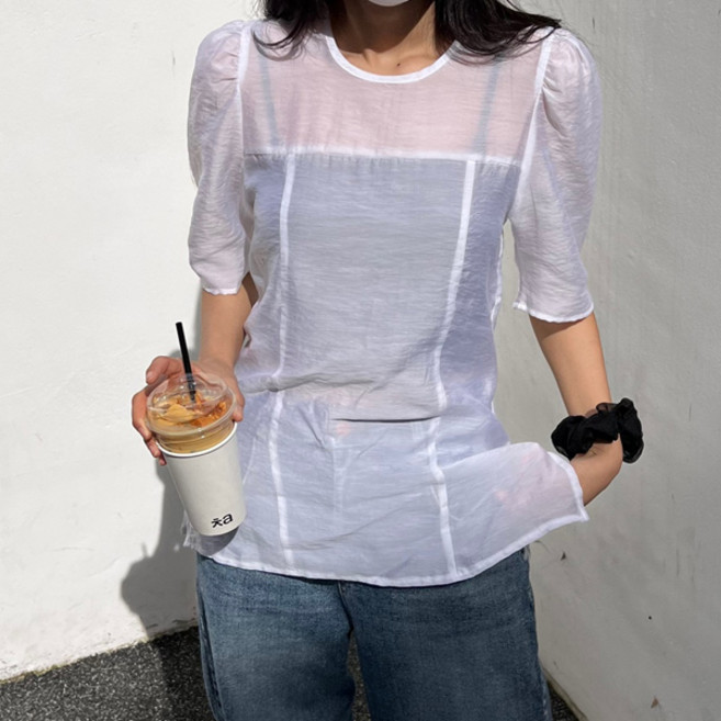 슈가펀 히즈트 텐셀 퍼프 블라우스