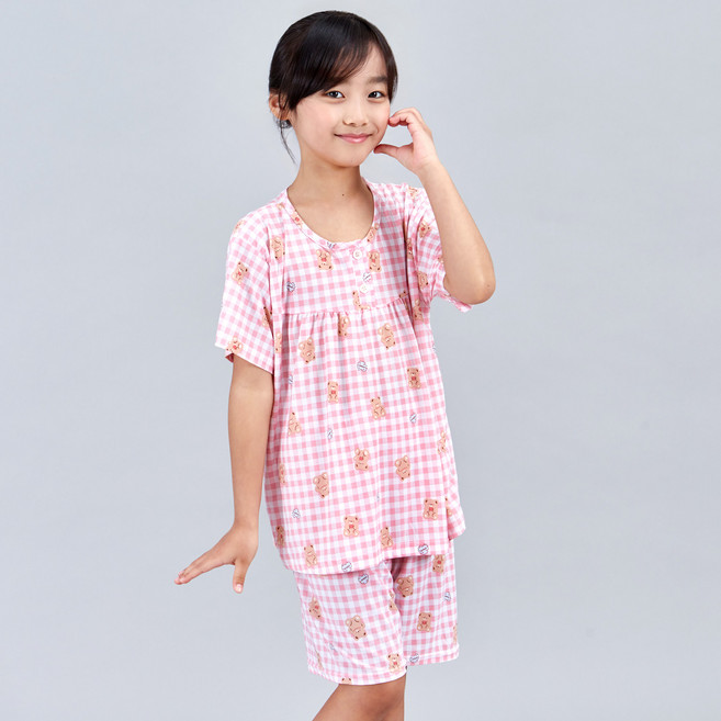 폭스클럽 아동용 달콤체크 통기성 냉감 반팔 잠옷 상하의 세트