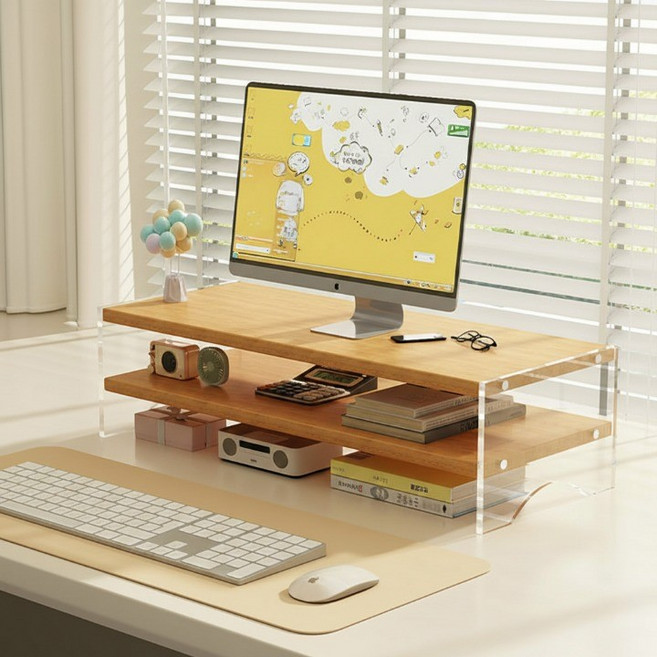 더플로우커머스 감성 우드 투명 아크릴 데스크탑 수납 랙 2단 모니터 거치대