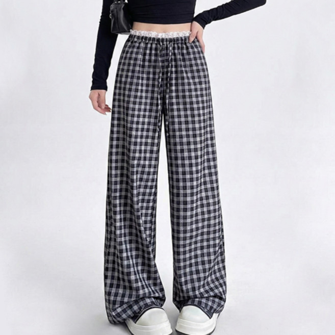파라다이소 여성용 아이캔심플 로맨틱 체크 레이스 밴딩 와이드 팬츠