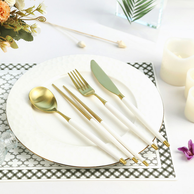보겐 국산 르비앙 골드 디너 커트러리 4종 세트, 화이트, 디너나이프 + 디너포크 + 숟가락 + 젓가락, 1세트