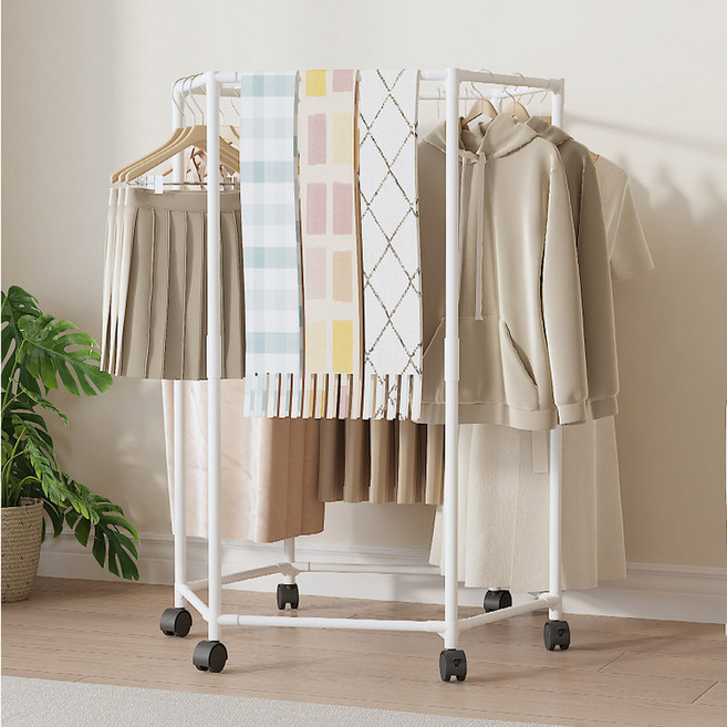 육각형 1단 이동식 행거 옷걸이, 화이트