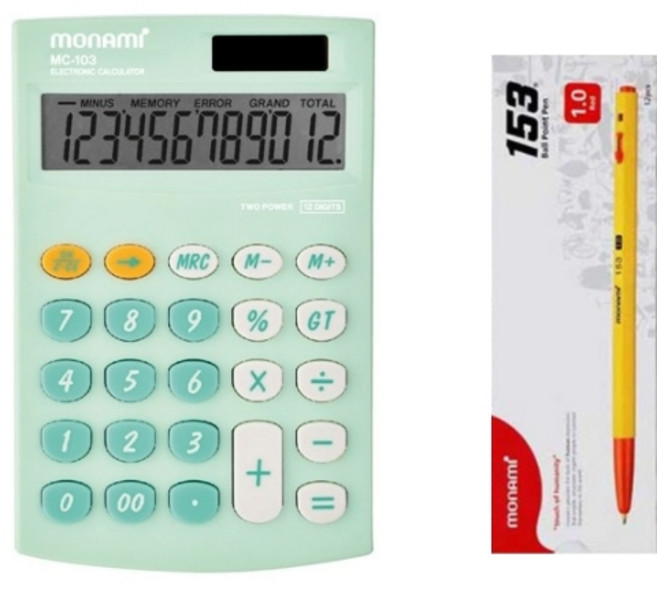 모나미 계산기 MC-103 + 153 볼펜 1.0mm 12p, 그린(계산기), 레드(볼펜), 1세트