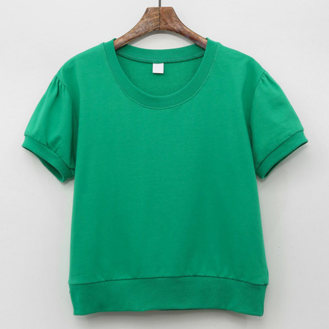 티탁 여성용 데일리 기본핏 라운드넥 무지 면 세미크롭 퍼프소매 반팔 티셔츠 TTCE28