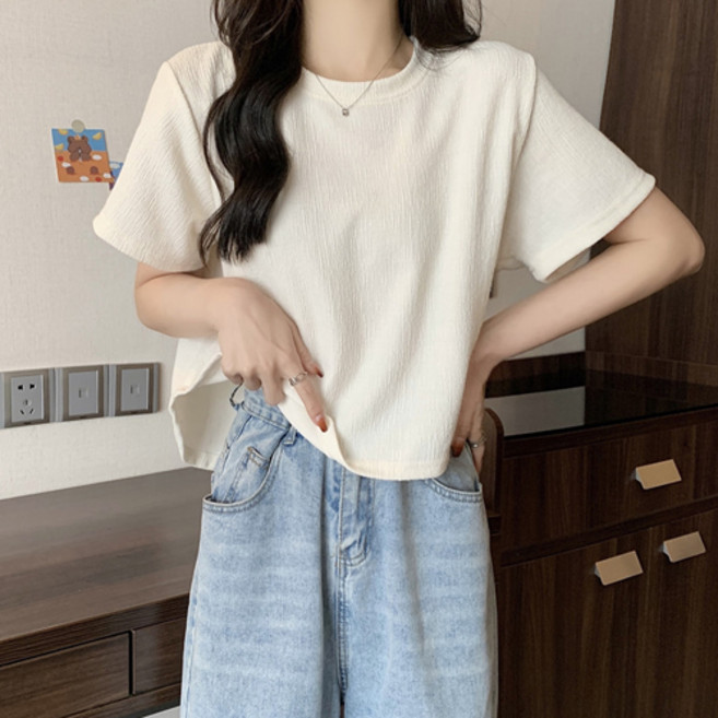 여성용 청량 내추럴 언발란스 크롭 반팔 티셔츠