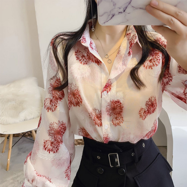 DMELD 女款大花朵長袖襯衫