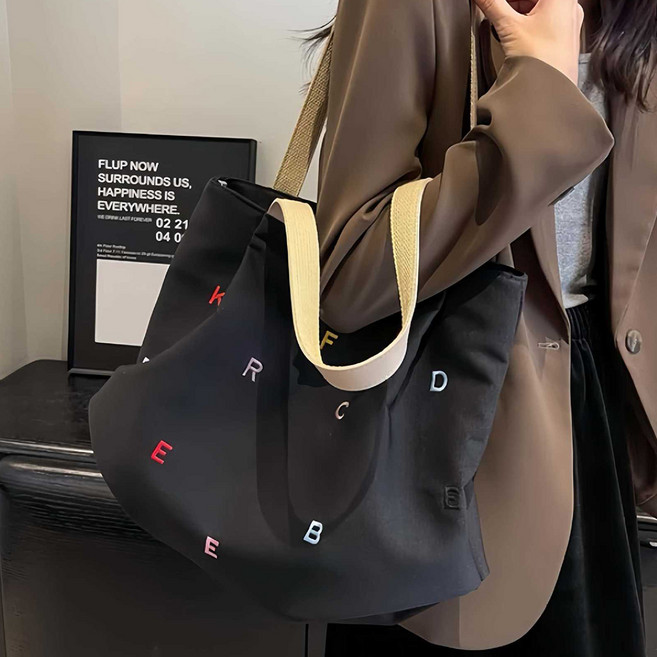 Elsso 女款大尺寸彩色字母刺繡設計重點帆布日常環保袋