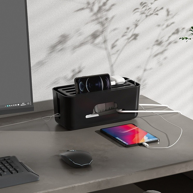 멀티탭 공유기 전선 정리 수납 박스, 검은색, 1개