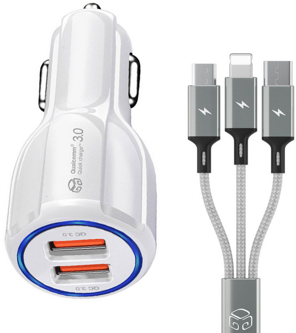 디지지 차량용 35W 2포트 고속 충전기 + 스카이 메타 멀티 케이블 1.2m, D21-0809, DGG-530, 화이트(충전기), 메탈실버(충전 케이블)