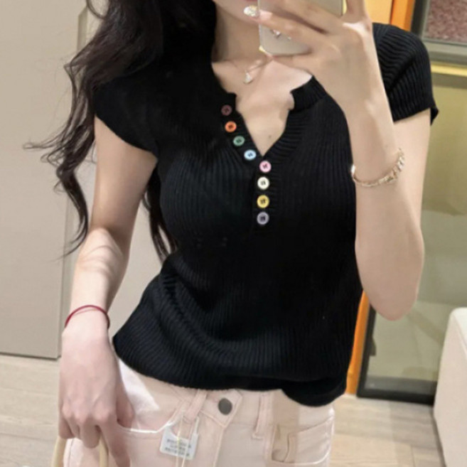 더플로우커머스 여성용 브이넥 알록달록 버튼 반팔 니트 티셔츠