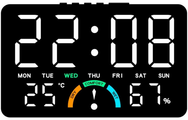 Couselect 居家溫濕度LED電子鐘 簡約大屏掛立兩用 多功能床頭鬧鐘, 黑殼白燈 數位式