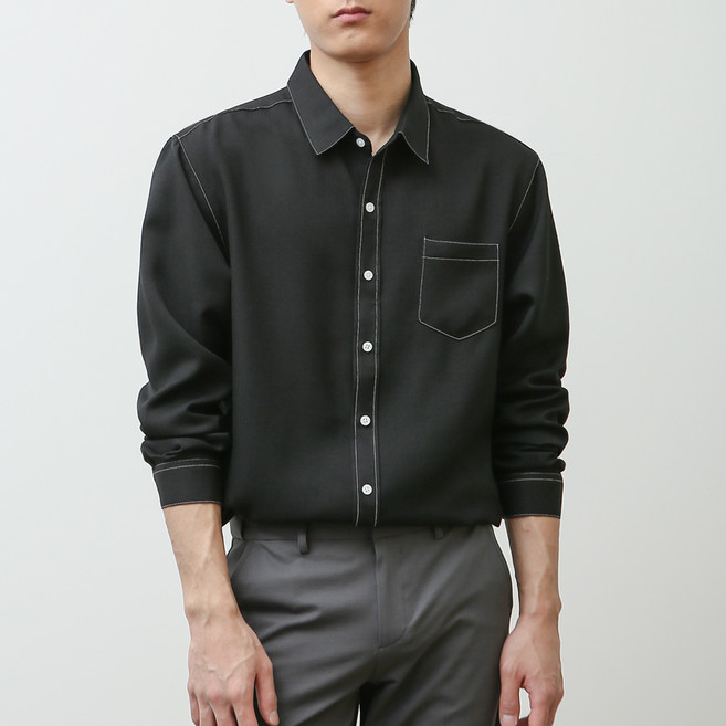 블루포스 남성용 아레주 긴팔 배색 스티치 포켓 셔츠