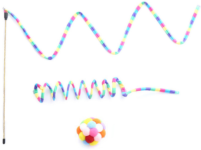 펫츠몬 고양이 캣닢 장난감 롱리본 + 스프링 + 폼폼볼 3종 세트, 캔디  레인보우, 1세트