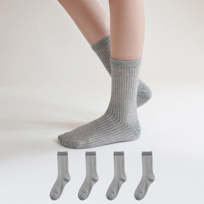 Mysock 女款棉質線條寬鬆透膚中筒襪 4雙