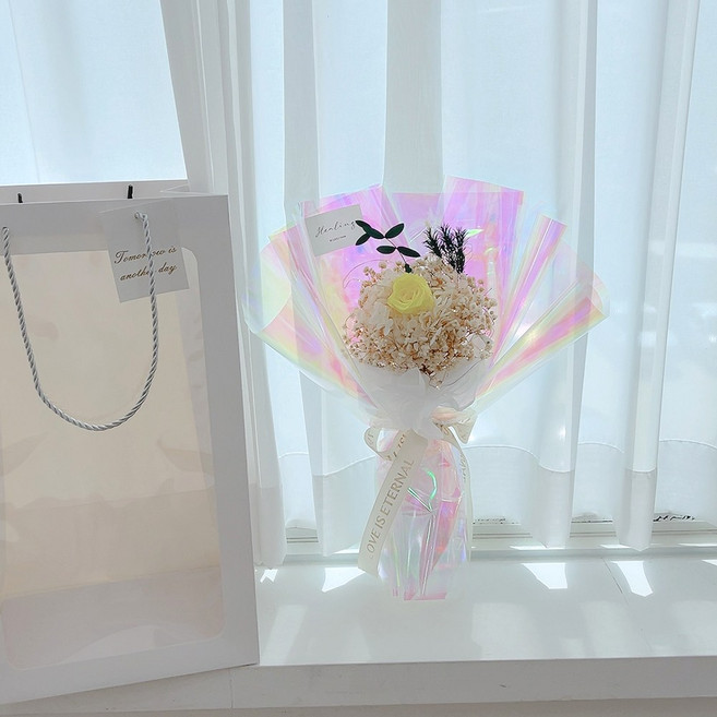 러블리팜 LED 샤이닝 오로라 프리저브드 꽃다발 + 쇼핑백 + 조명 세트 기본형, 옐로우 오로라