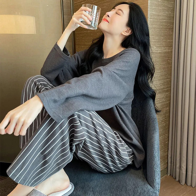 PEONIST 女款兩件式條紋褲上下身睡衣套裝