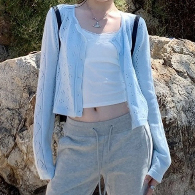 아이엠몽 여성용 슬림핏 라운드넥 펀칭 레이스 긴팔 니트 가디건 R6S131