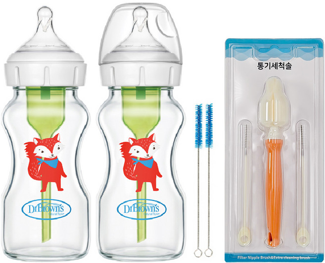 닥터브라운 신생아용 와이드넥 데코 유리젖병 2단계 2p + 통기세척솔 세트, 혼합색상, 1세트, 270ml