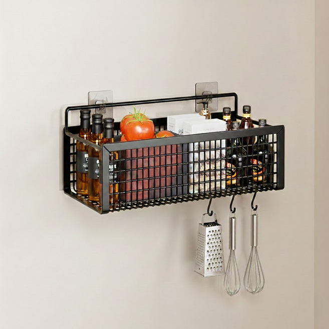 ROI라이프 무펀치 벽걸이 2칸 걸이 녹방지 바구니, 블랙, 1개