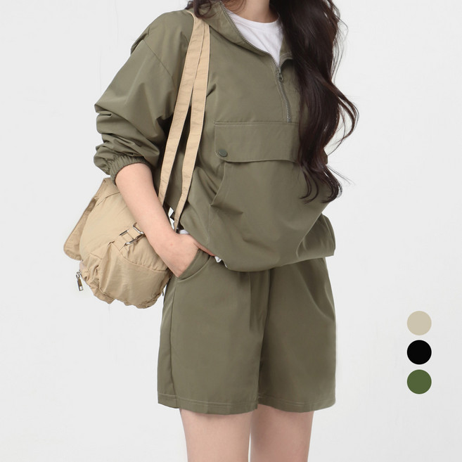 Cotton Closet 女款連帽半拉鍊防風夾克 + 短褲套裝