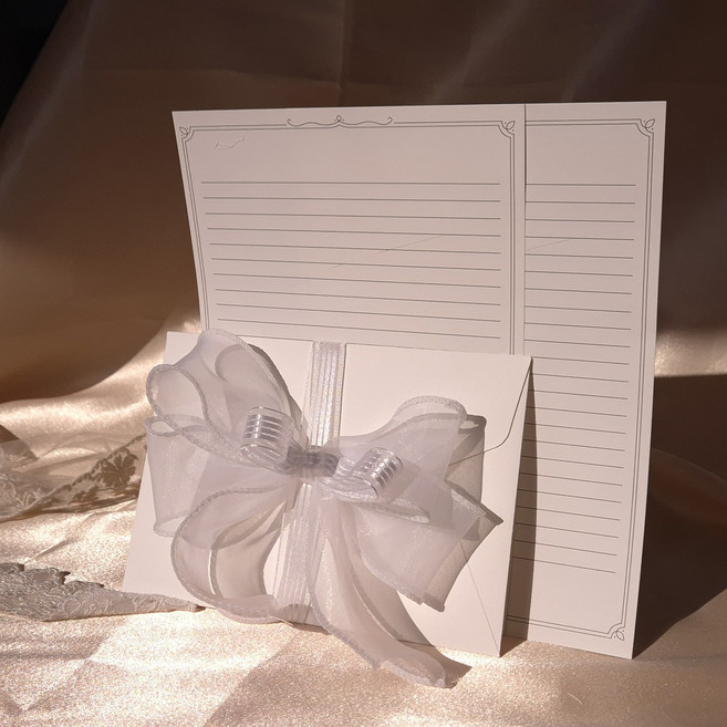 디어기프트 고급 오간디 리본 편지지 3p + 편지봉투 + 실링용 리본 세트, 화이트, 1세트