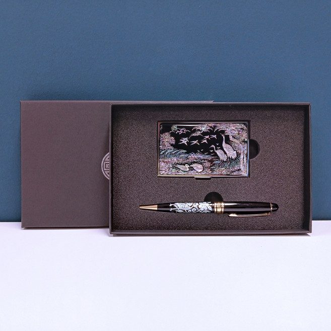 박씨상방 나전칠기 자개 명함케이스 + 자개 볼펜 세트, 송학(명함케이스), 꽃학(볼펜), 1세트