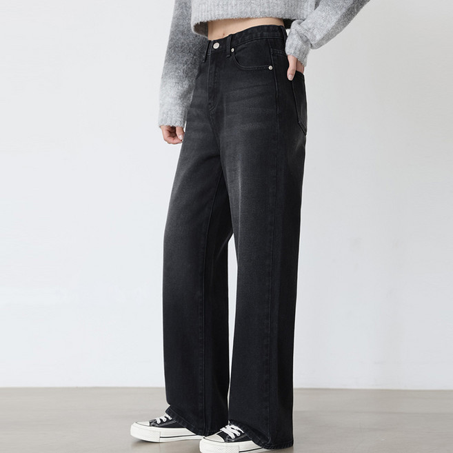빼빼 여성용 워싱 루즈핏 일자 청바지