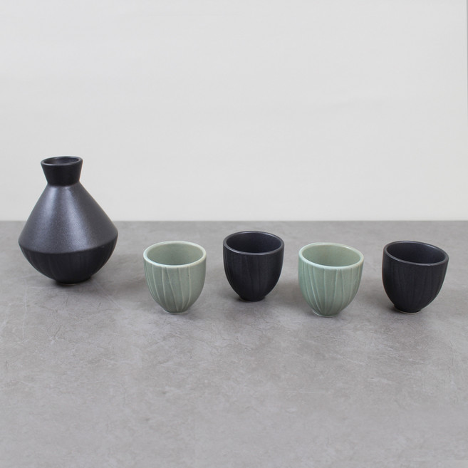 달소금 도자기 하프 스톤 도쿠리세트, 1세트, 술병 + 술잔 4p