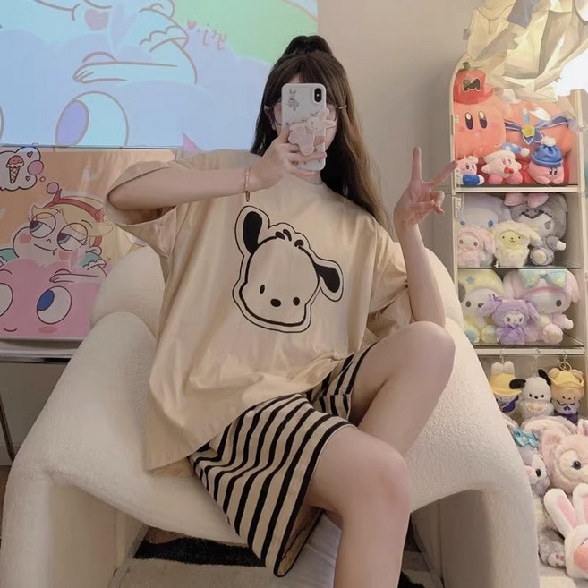 비올라 여성용 잠옷 반팔 티셔츠 + 반바지 세트 Vio0026