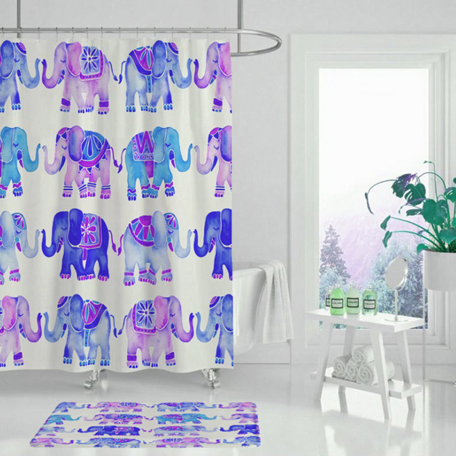 애니멀정글 샤워커튼 퍼플코끼리 180 x 165 cm + 커튼고리 12p, 1세트