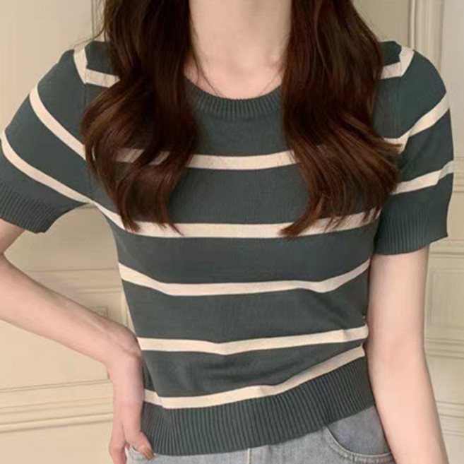 德普羅商務 女款條紋修身顯瘦高腰短袖針織上衣