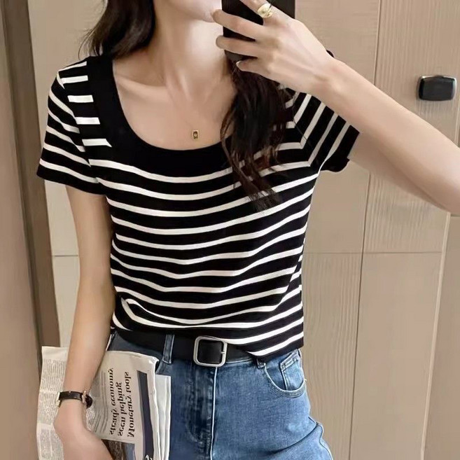 라라티나 여성용 네나 슬림 스트라이프 세미크롭 니트 반팔