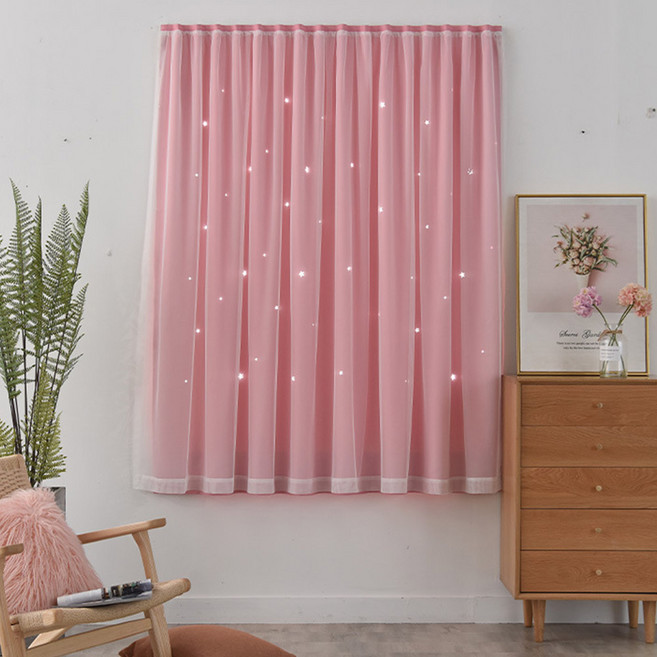 하이어데코 무타공 이중레이스 펀칭 암막 접착식 벨크로 붙이는 커튼