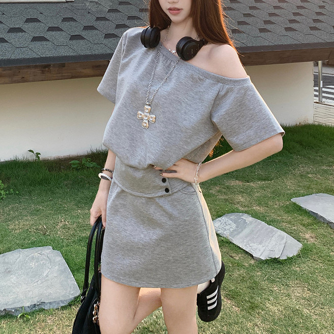 더시럽 여성용 베이직 원숄더 반팔티 치마