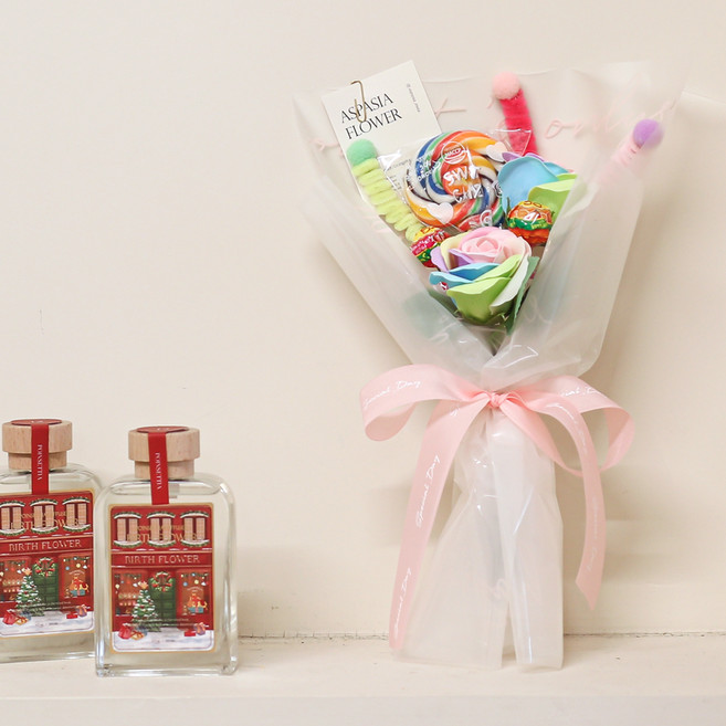 아스파시아 레인보우 스위티 롤리팝 모루 꽃다발, 핑크