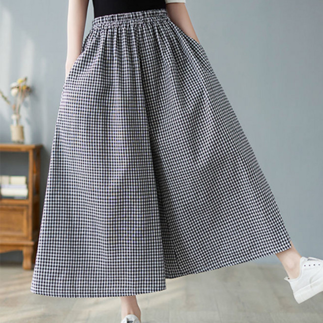 아이캔심플 깅엄패턴 린넨 와이드 퀼로트 팬츠