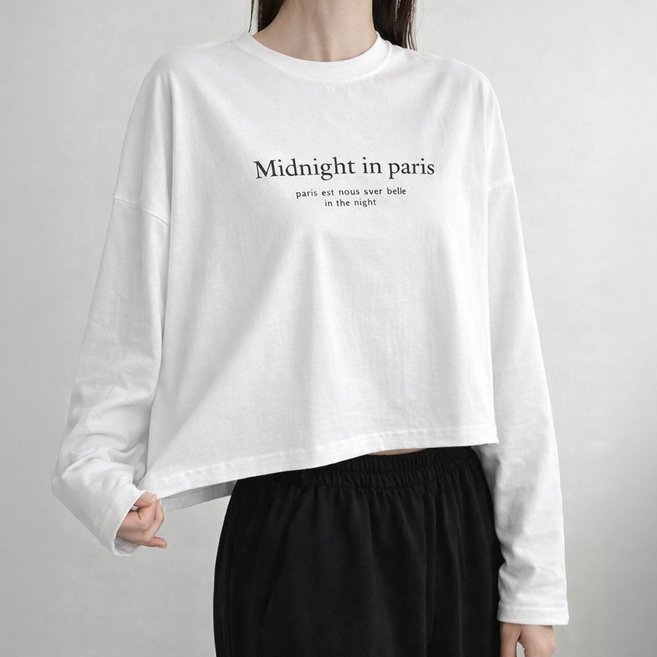 라라온 여성용 면 레터링 세미 크롭 박스 긴팔티 26TSP3767