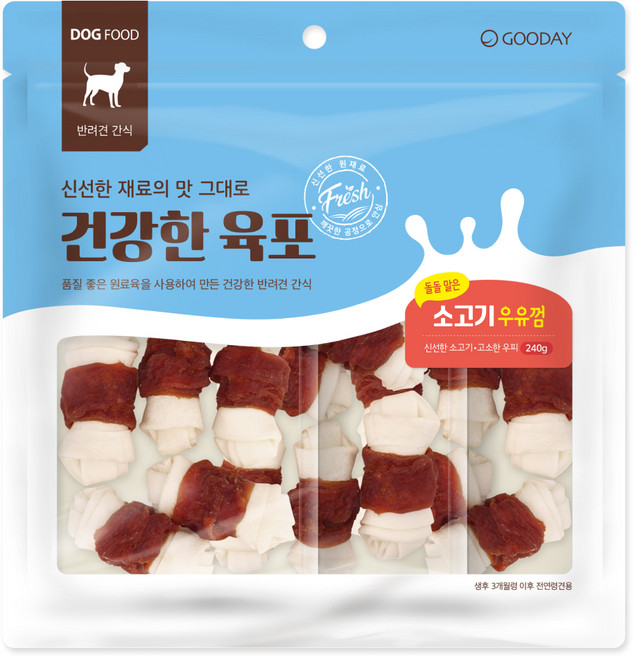 굿데이 강아지 건강한 육포말이 우유껌 간식, 소고기, 240g, 1개