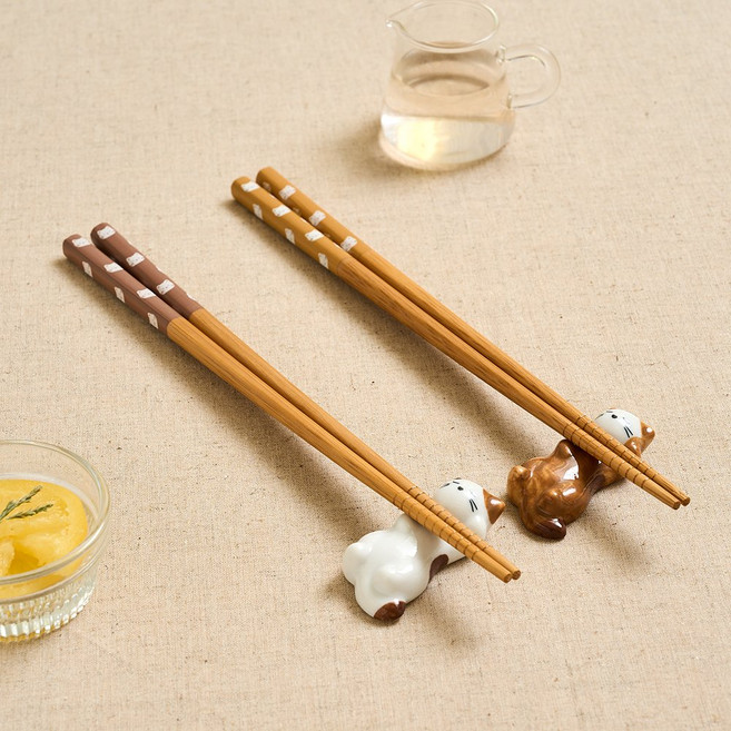 모던하우스 L 뚱냥이 우드젓가락 + 수저받침 세트, 브라운, 젓가락 2p + 수저받침 2p, 1세트
