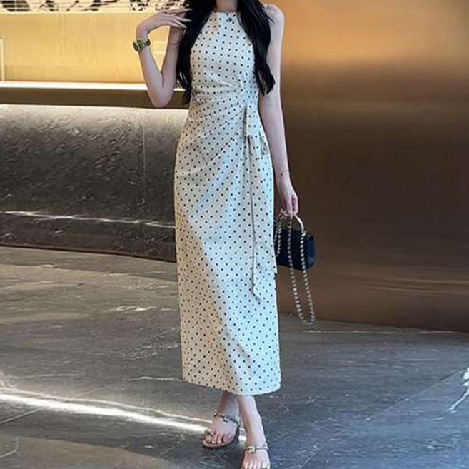 더시럽 여성용 사이드 셔링 빈티지 땡땡이 롱 원피스