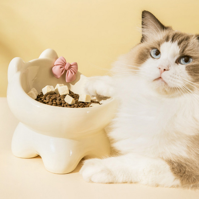 PASTEL PET 寵物豎耳蝴蝶結貓陶瓷碗, 象牙白, 1個